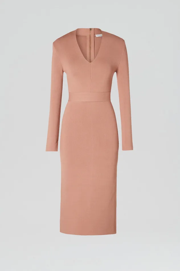 Scanlan Theodore CREPE KNIT LONG SLEEVE V NECK DRESS POWDER Women Dresses