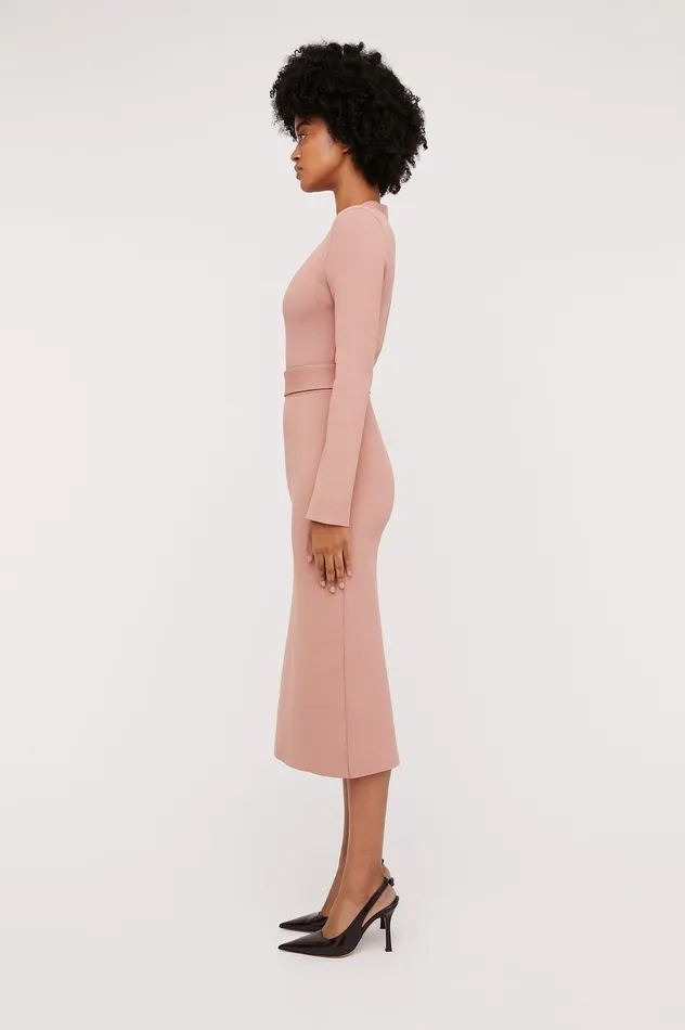 Scanlan Theodore CREPE KNIT LONG SLEEVE V NECK DRESS POWDER Women Dresses
