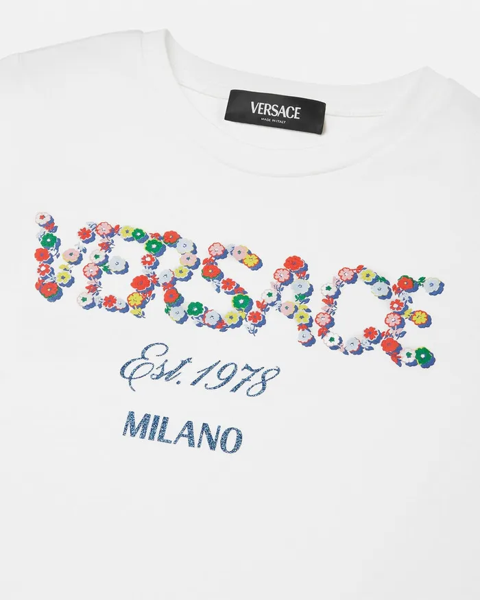 Shirts and Tshirts Kids Versace Falling Flowers Logo TShirt Whiteprint