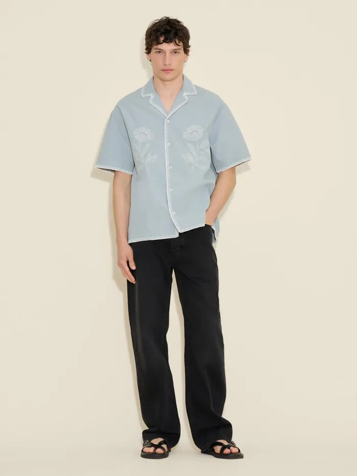 Shirts and Tops Men Holzweiler Pier Embroidery Faded Short Sleeve Shirt Lt Blue