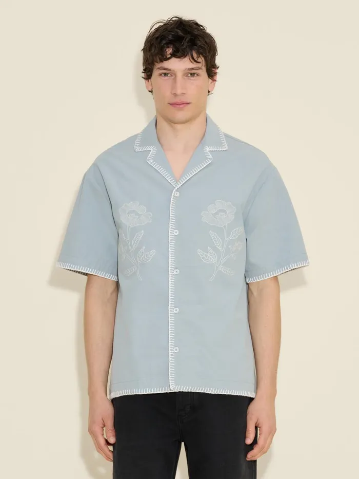 Shirts and Tops Men Holzweiler Pier Embroidery Faded Short Sleeve Shirt Lt Blue