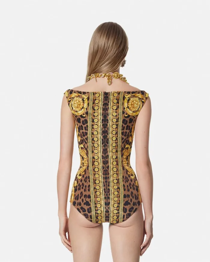 Shirts and Tops Women Versace Wild Barocco Silk Cady Corset Bodysuit Animalier