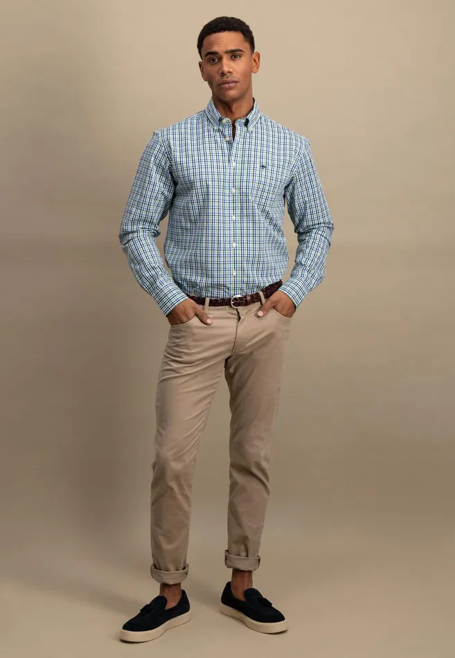 Shirts Men FYNCHHATTON Checked Shirt With Buttondown Collar Poppy Redturf Greensummer Breeze