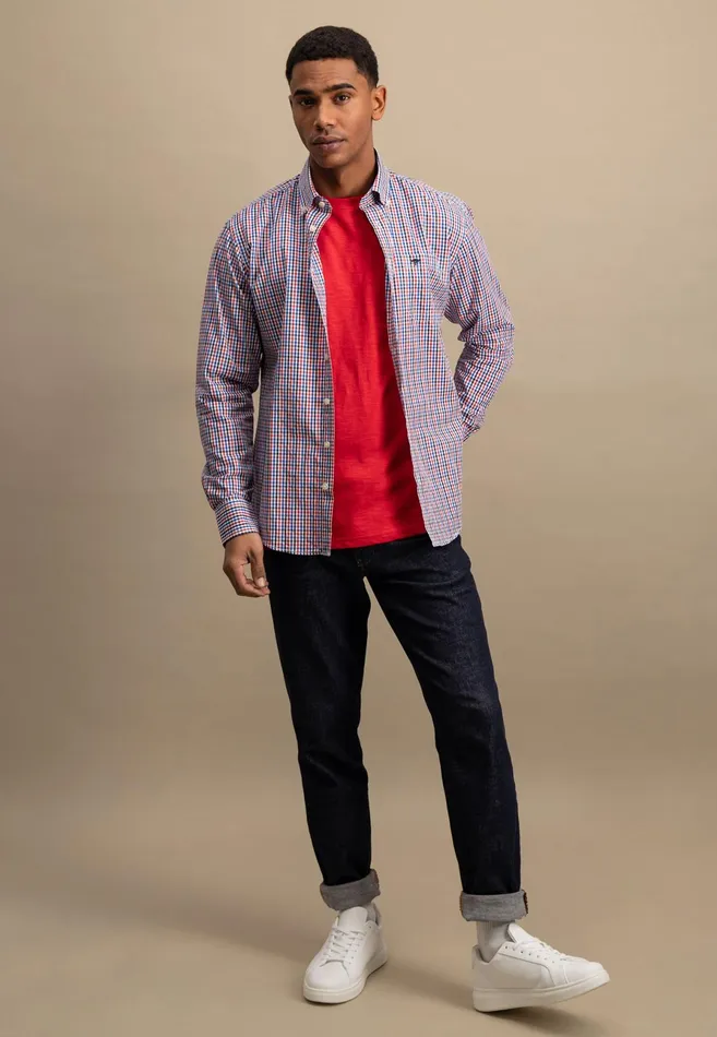 Shirts Men FYNCHHATTON Checked Shirt With Buttondown Collar Poppy Redturf Greensummer Breeze