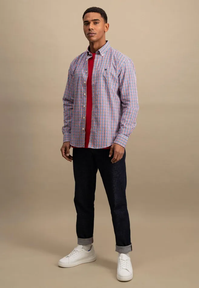 Shirts Men FYNCHHATTON Checked Shirt With Buttondown Collar Poppy Redturf Greensummer Breeze