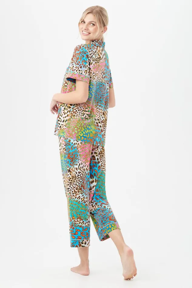 SHOP Trina Turk WOMEN039S SLEEPWEAR SPRAY LEOPARD WOMEN039S SHORT SLEEVE CROPPED PANT JERSEY PJ SET