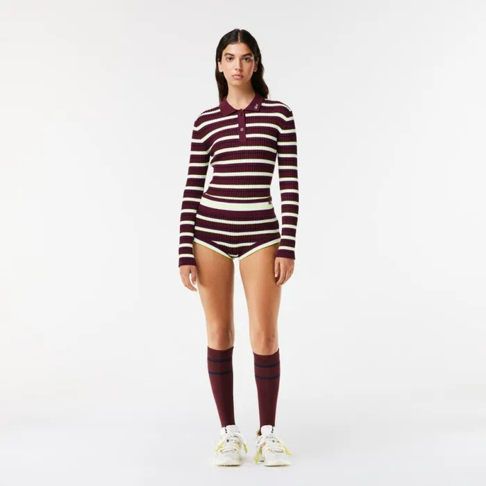 Shorts and Skirts Women Lacoste Lacoste X EleVen By Venus Striped Ribbed Lounge Shorts Bordeaux White Iww