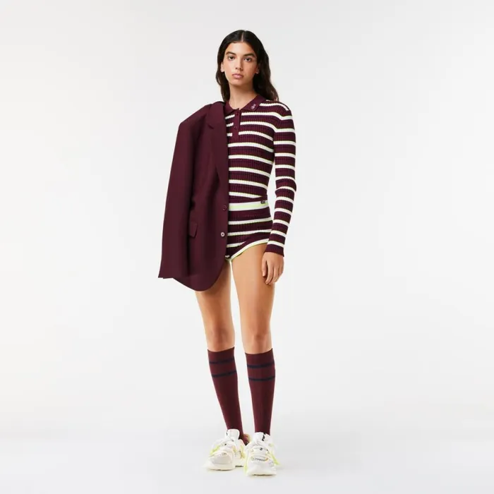 Shorts and Skirts Women Lacoste Lacoste X EleVen By Venus Striped Ribbed Lounge Shorts Bordeaux White Iww