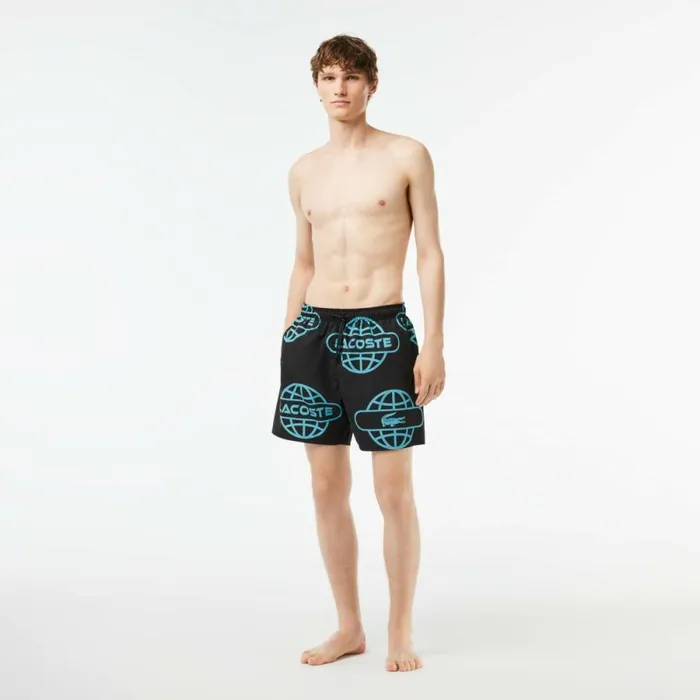 Shorts and Swim Men Lacoste Men039s Globe Print Swimsuit Black Blue Qpi