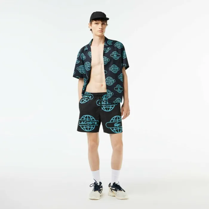 Shorts and Swim Men Lacoste Men039s Globe Print Swimsuit Black Blue Qpi