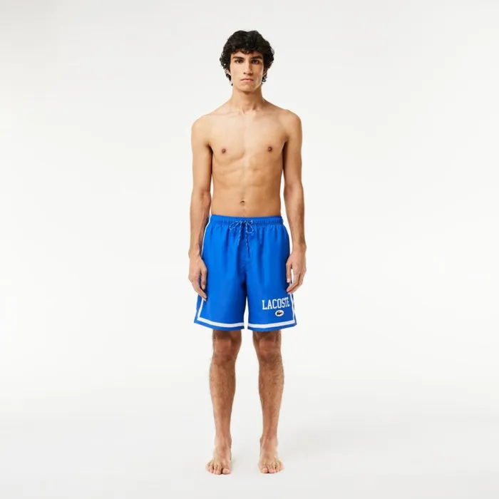 Shorts and Swim Men Lacoste Men039s Logo Printed Swim Trunks Blue White Itv