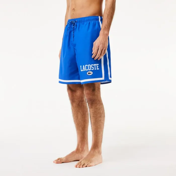 Shorts and Swim Men Lacoste Men039s Logo Printed Swim Trunks Blue White Itv