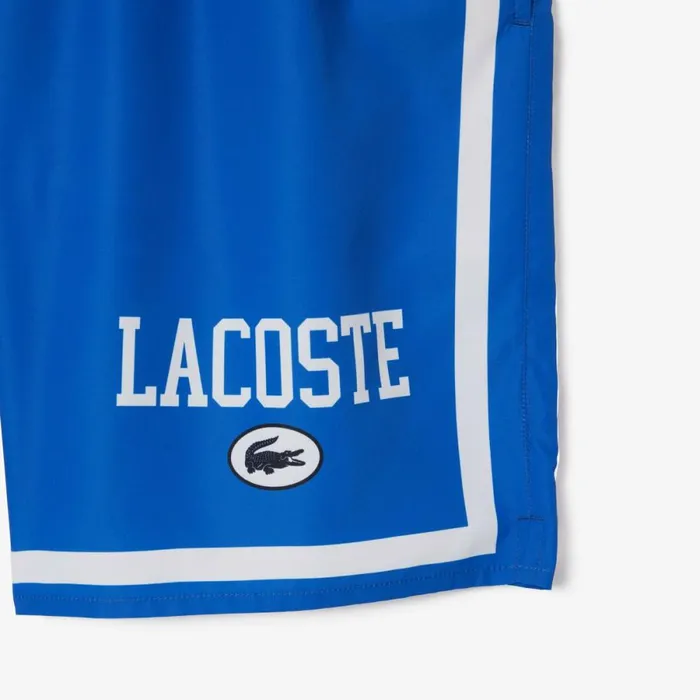 Shorts and Swim Men Lacoste Men039s Logo Printed Swim Trunks Blue White Itv
