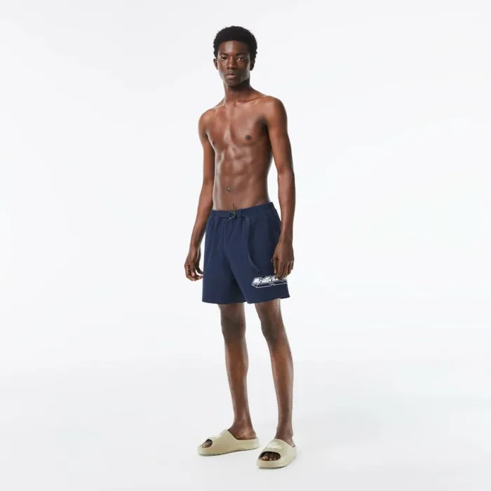 Shorts and Swim Men Lacoste Mens QuickDry Logo Stripe Swim Trunks Blue Kxe