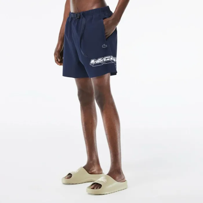 Shorts and Swim Men Lacoste Mens QuickDry Logo Stripe Swim Trunks Blue Kxe