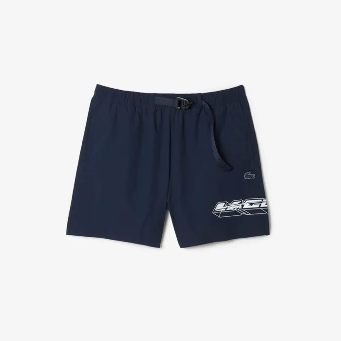 Shorts and Swim Men Lacoste Mens QuickDry Logo Stripe Swim Trunks Blue Kxe