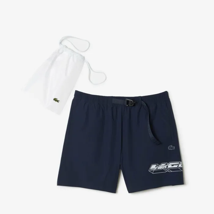 Shorts and Swim Men Lacoste Mens QuickDry Logo Stripe Swim Trunks Blue Kxe