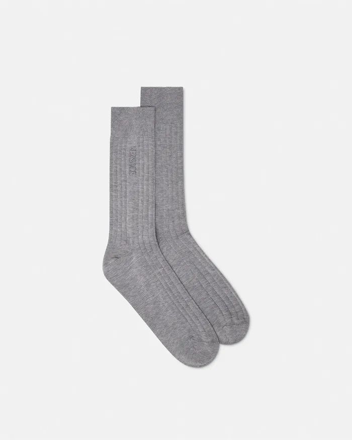 Socks Men Versace Embroidered Ribbed Logo Socks Gray