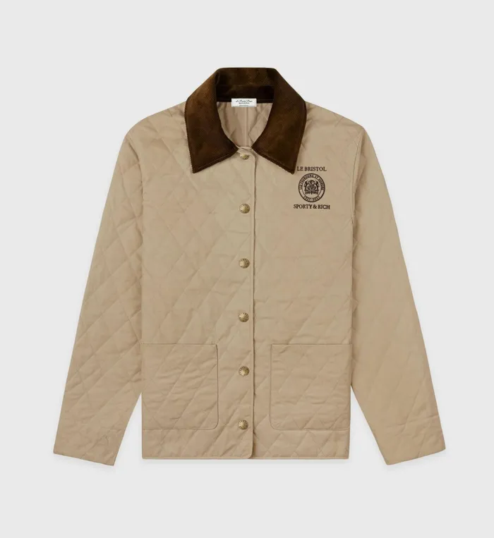 Sporty and Rich Coats Women Crest Seal 100th Quilted Jacket 8211 BeigeChocolate