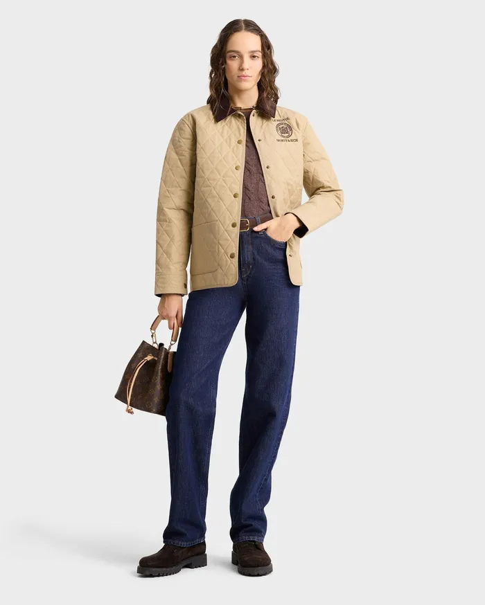 Sporty and Rich Coats Women Crest Seal 100th Quilted Jacket 8211 BeigeChocolate