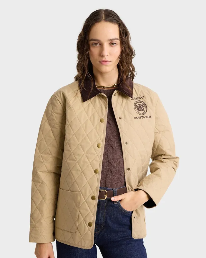 Sporty and Rich Coats Women Crest Seal 100th Quilted Jacket 8211 BeigeChocolate