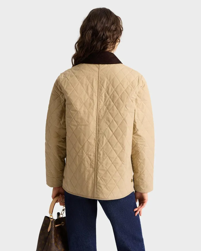 Sporty and Rich Coats Women Crest Seal 100th Quilted Jacket 8211 BeigeChocolate