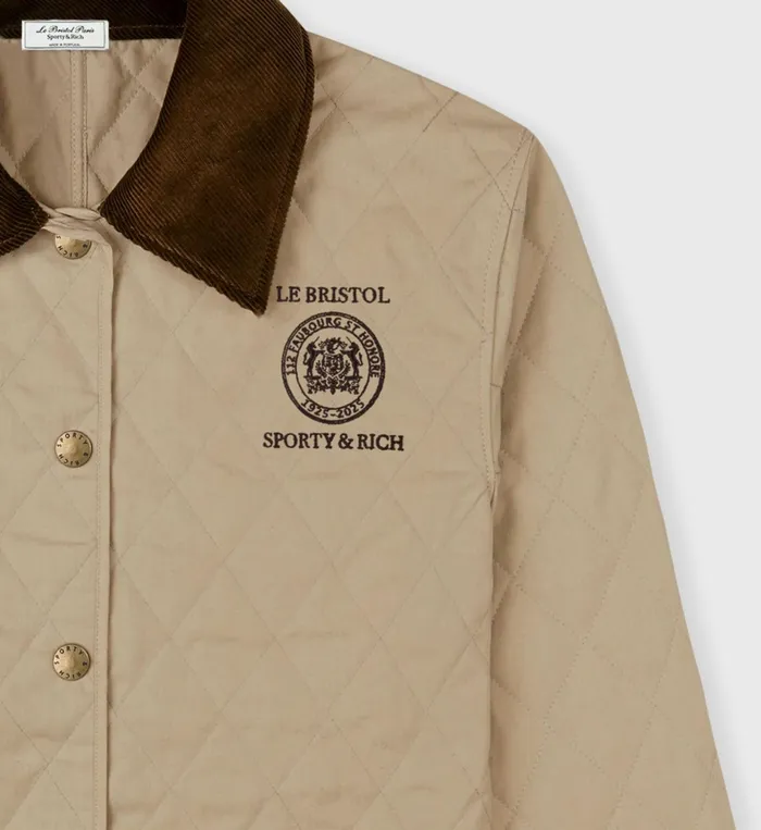 Sporty and Rich Coats Women Crest Seal 100th Quilted Jacket 8211 BeigeChocolate
