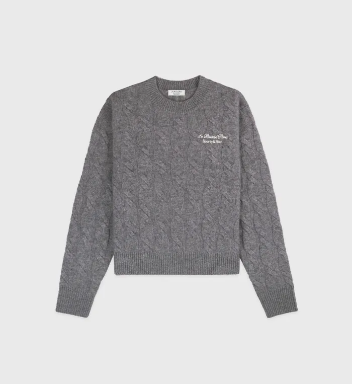 Sporty and Rich Knitwear Women Faubourg Cableknit Wool Cashmere Crewneck 8211 Heather GrayWhite Sporty and Rich Knitwear Women Faubourg Cableknit Wool Cashmere Crewneck 8211 Heather GrayWhite