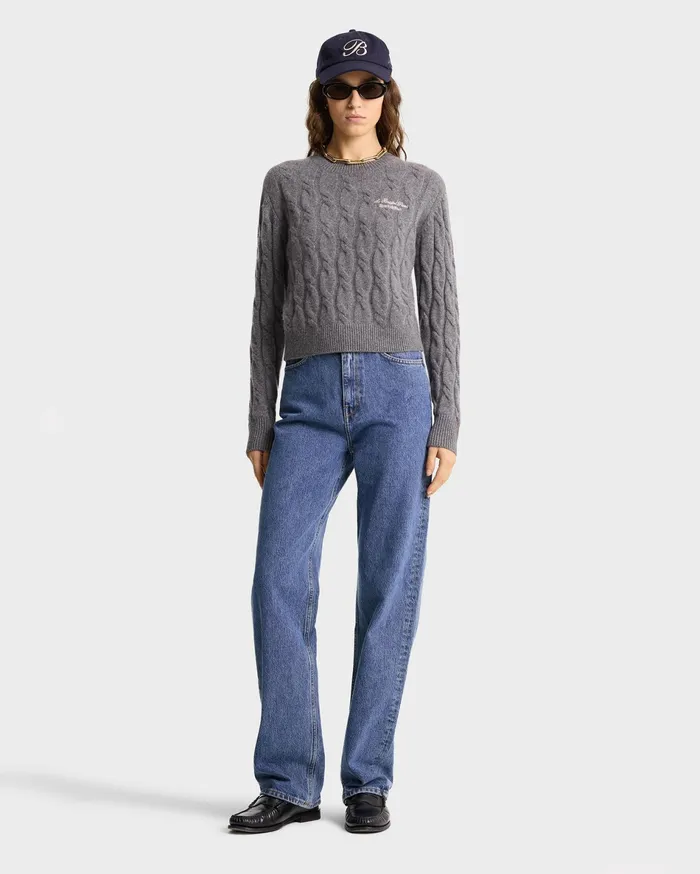 Sporty and Rich Knitwear Women Faubourg Cableknit Wool Cashmere Crewneck 8211 Heather GrayWhite