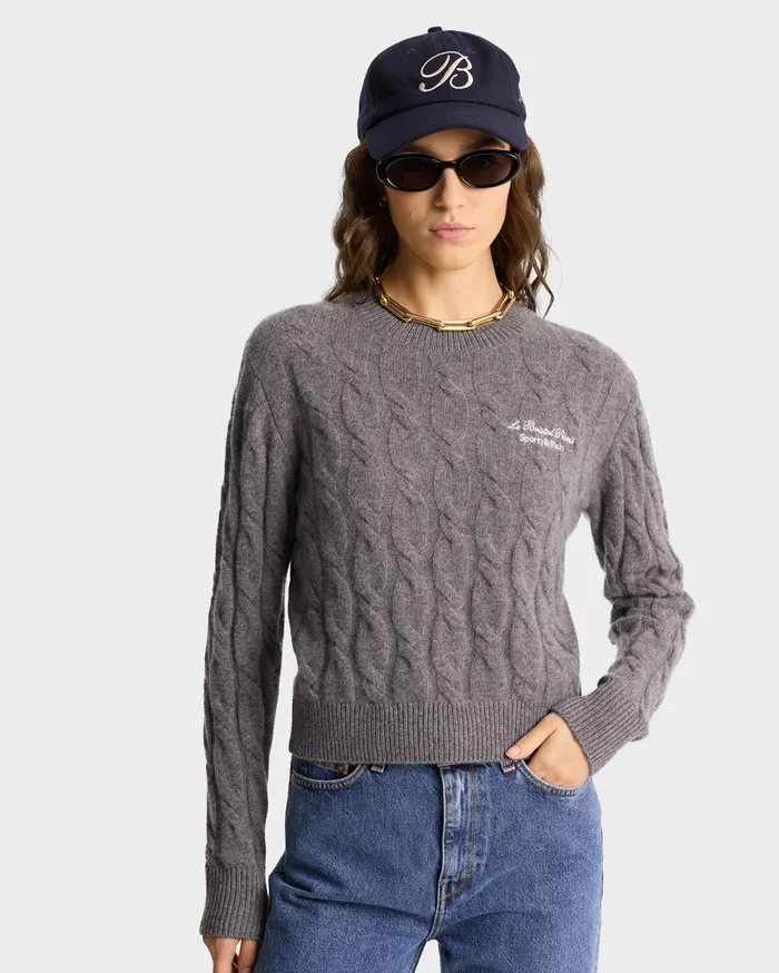 Sporty and Rich Knitwear Women Faubourg Cableknit Wool Cashmere Crewneck 8211 Heather GrayWhite