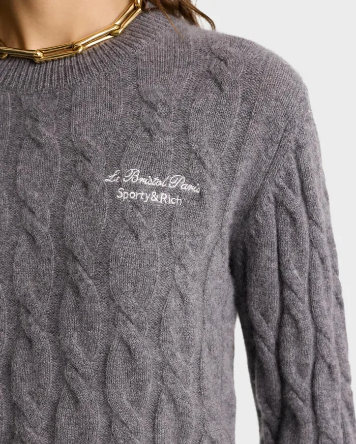 Sporty and Rich Knitwear Women Faubourg Cableknit Wool Cashmere Crewneck 8211 Heather GrayWhite