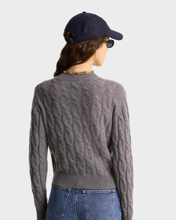 Sporty and Rich Knitwear Women Faubourg Cableknit Wool Cashmere Crewneck 8211 Heather GrayWhite