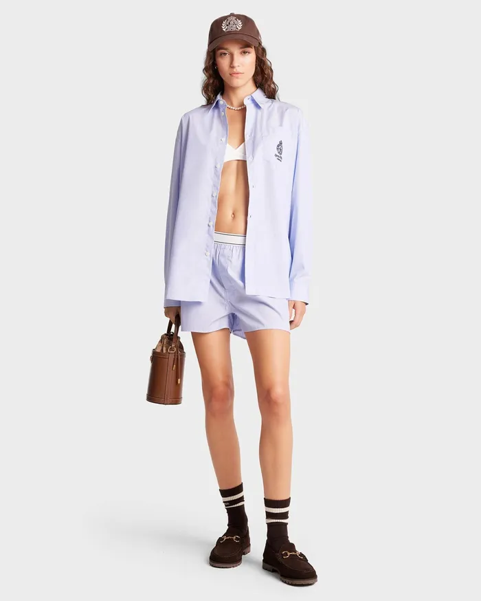 Sporty and Rich Shirting Women Serif Logo Boxer Short 8211 BlueWhite Thin Stripe