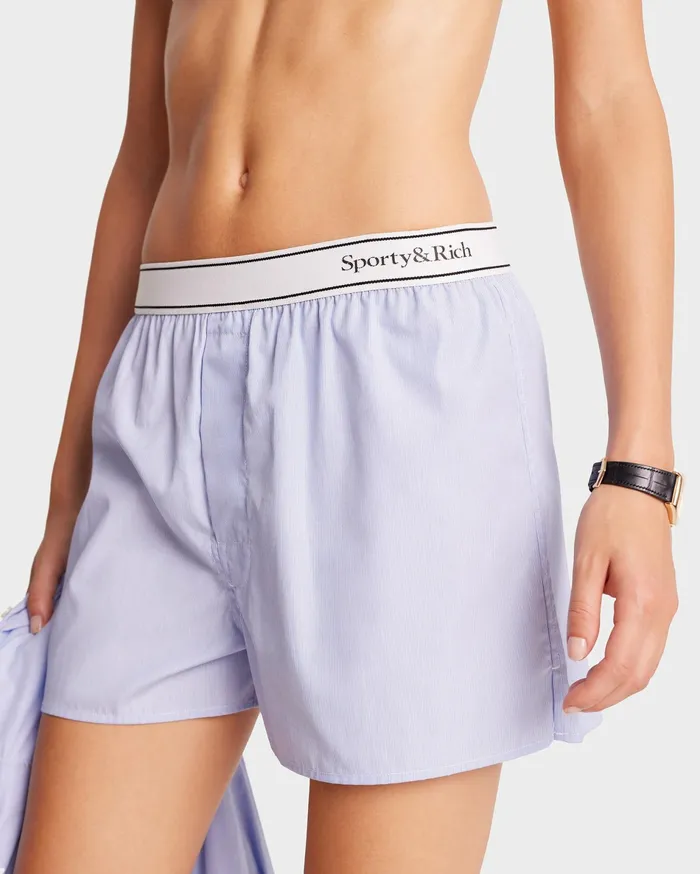 Sporty and Rich Shirting Women Serif Logo Boxer Short 8211 BlueWhite Thin Stripe