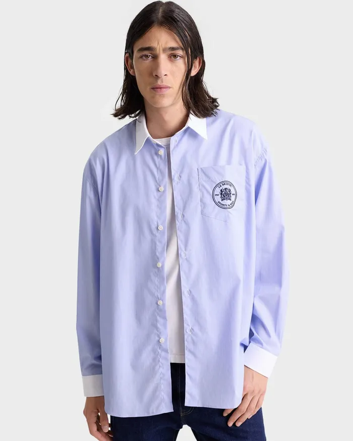 Sporty and Rich Shirts Men Bristol Crest Oversized Shirt 8211 WhiteNavy Stripe