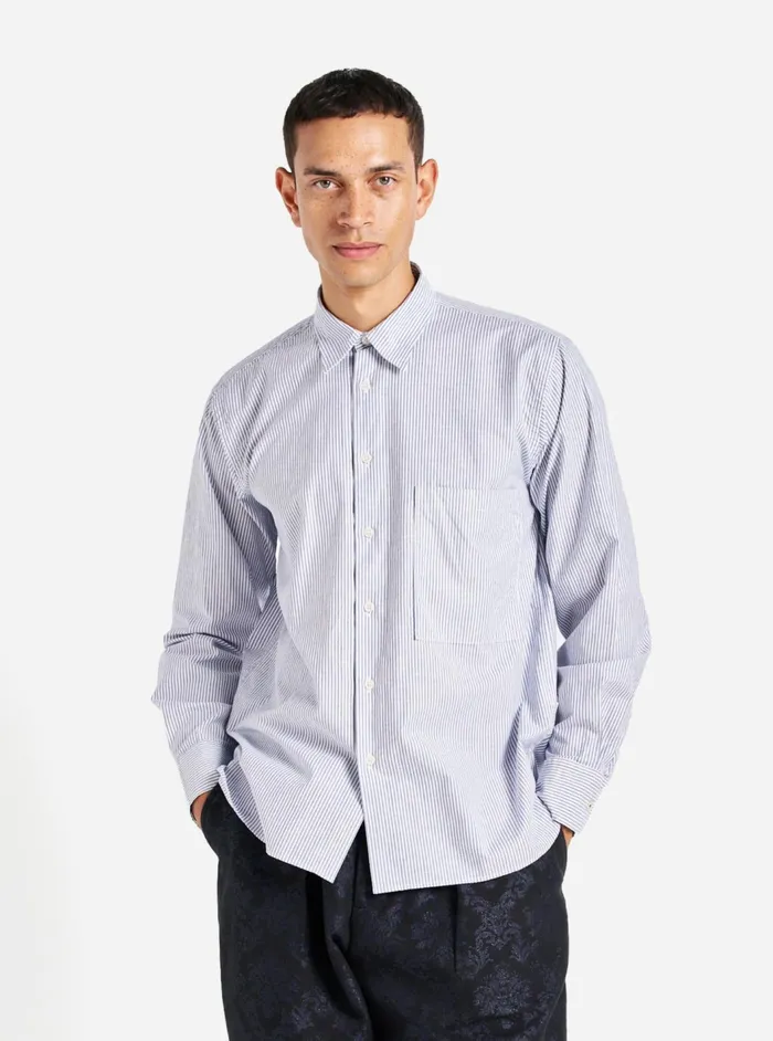 Square Pocket Shirt In Navy Security Stripe Cotton Men Universal Works Shirts Square Pocket Shirt In Navy Security Stripe Cotton Men Universal Works Shirts