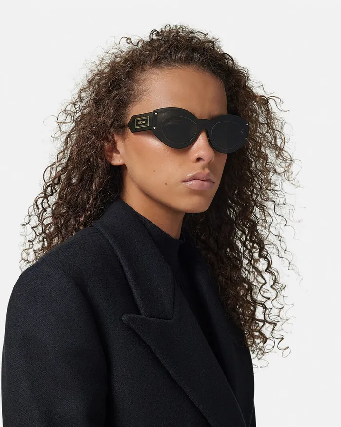 Sunglasses Women Versace Damier Plaque Shield Sunglasses Blackgold