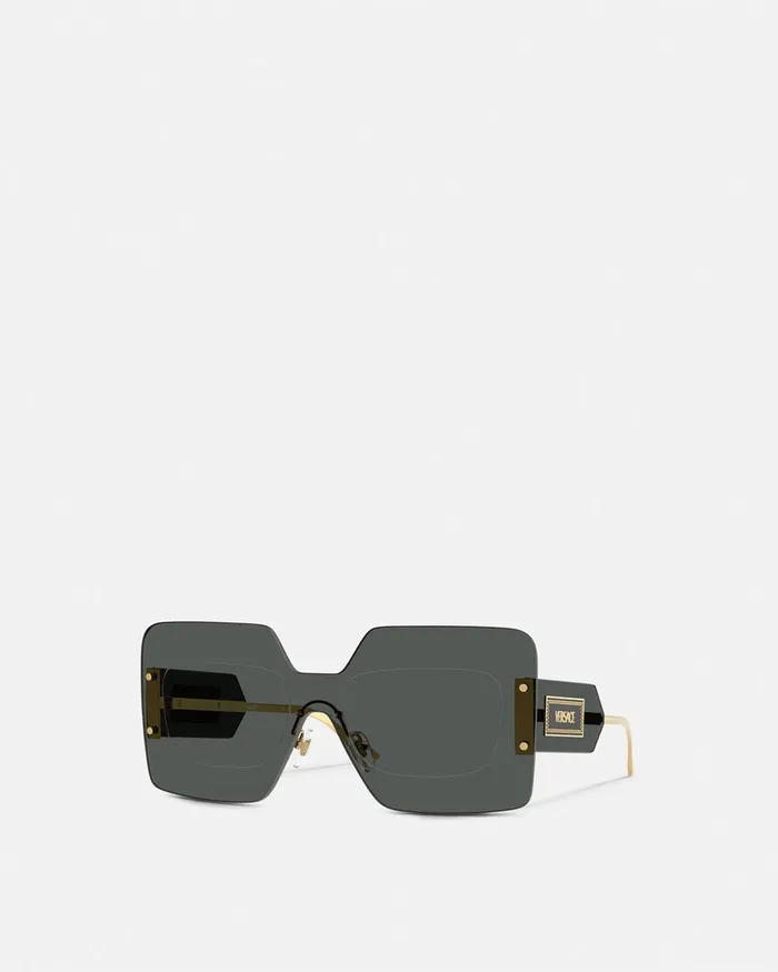 Sunglasses Women Versace Damier Plaque Squared Shield Sunglasses Blackgold