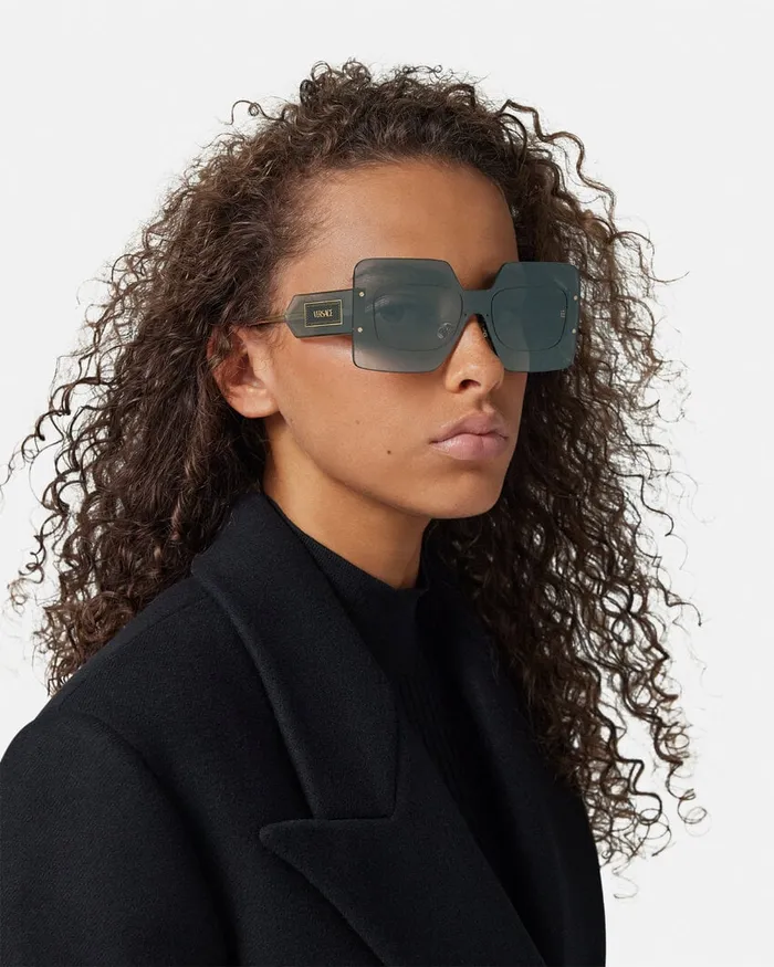 Sunglasses Women Versace Damier Plaque Squared Shield Sunglasses Blackgold