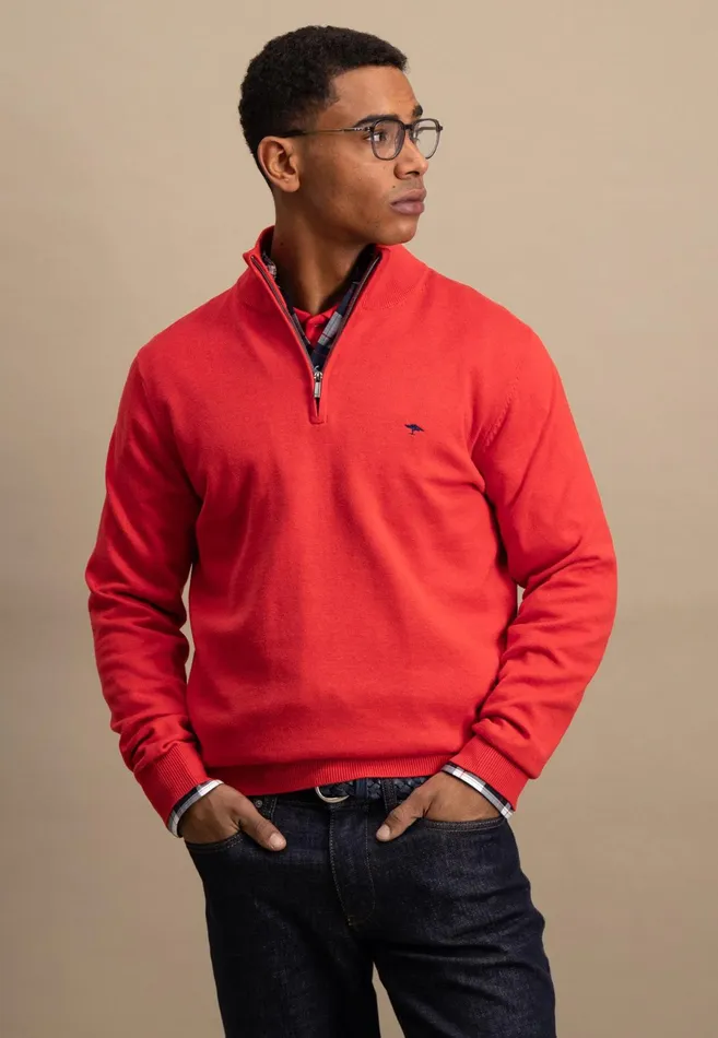Sweater Men FYNCHHATTON Knitting Sweater With A Troyer Collar Poppy Redstrong Bluesummer Breezesplashy Oceanturf Greenmalagajade