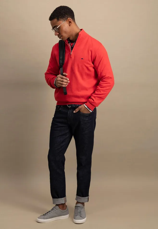 Sweater Men FYNCHHATTON Knitting Sweater With A Troyer Collar Poppy Redstrong Bluesummer Breezesplashy Oceanturf Greenmalagajade