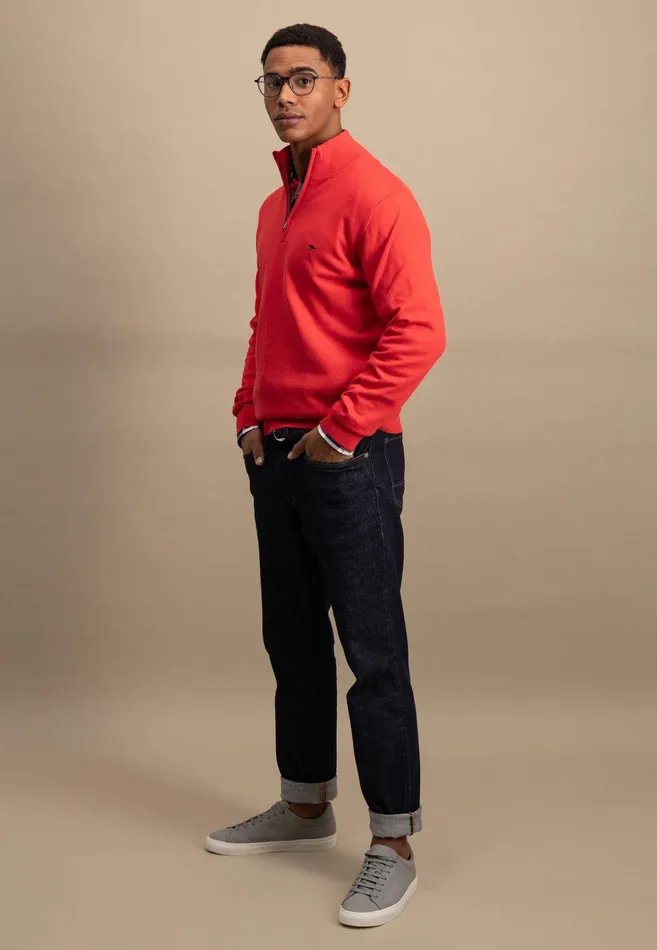 Sweater Men FYNCHHATTON Knitting Sweater With A Troyer Collar Poppy Redstrong Bluesummer Breezesplashy Oceanturf Greenmalagajade
