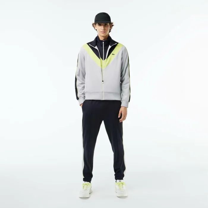 Sweaters and Sweatshirts Men Lacoste Men039s Colorblock Ripstop Piqu ZipUp Sweatshirt Grey Navy Blue Flashy Yellow Izu