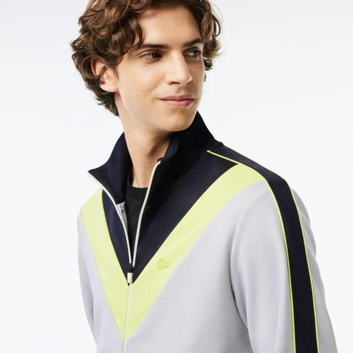 Sweaters and Sweatshirts Men Lacoste Men039s Colorblock Ripstop Piqu ZipUp Sweatshirt Grey Navy Blue Flashy Yellow Izu