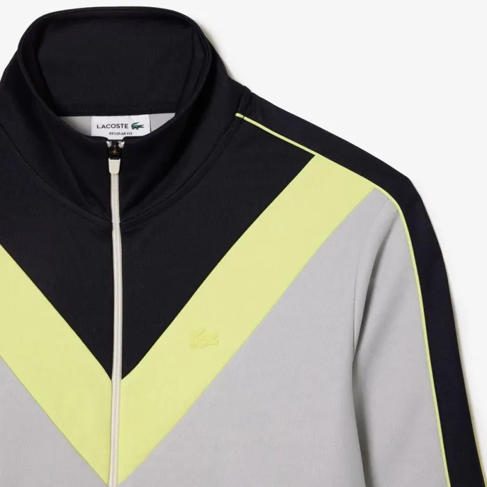 Sweaters and Sweatshirts Men Lacoste Men039s Colorblock Ripstop Piqu ZipUp Sweatshirt Grey Navy Blue Flashy Yellow Izu