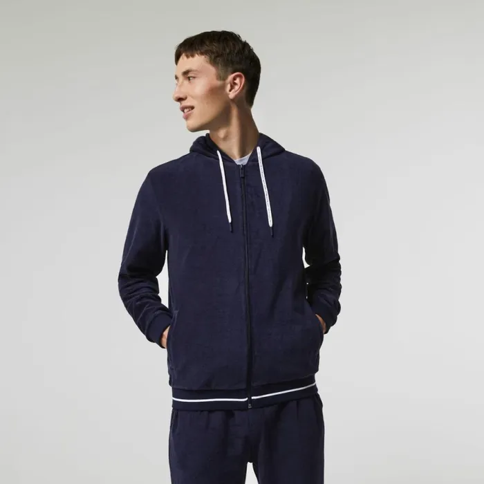 Sweaters and Sweatshirts Men Lacoste Mens Terrycloth ZipUp Lounge Sweatshirt Navy Blue 166