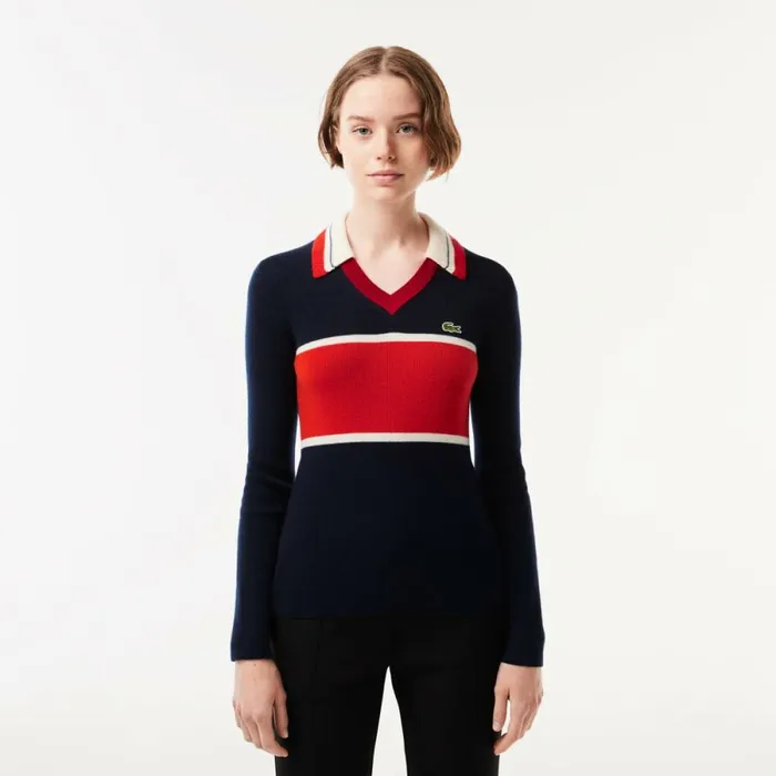 Sweaters and Sweatshirts Women Lacoste Women039s Made In France Contrast Polo Neck Sweater Navy Blue Orange White Npi