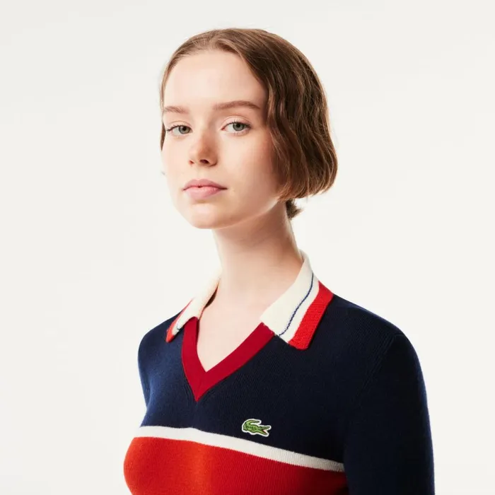 Sweaters and Sweatshirts Women Lacoste Women039s Made In France Contrast Polo Neck Sweater Navy Blue Orange White Npi