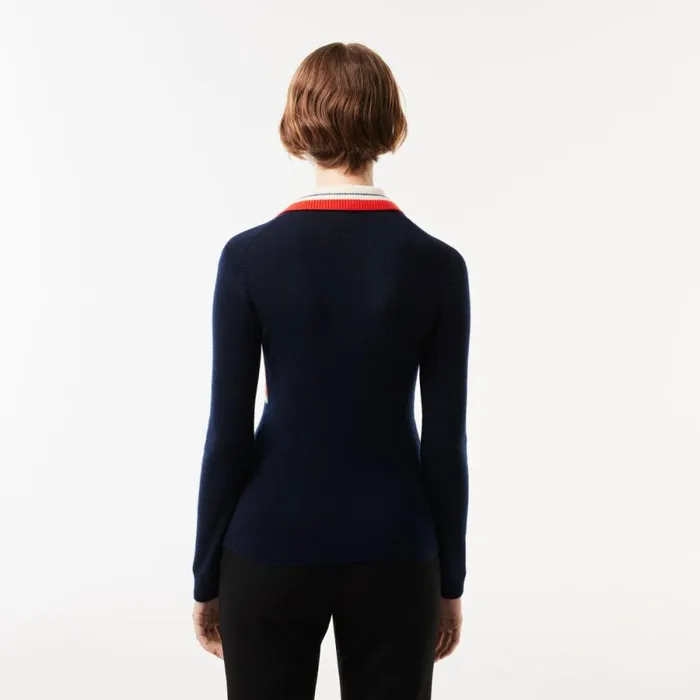 Sweaters and Sweatshirts Women Lacoste Women039s Made In France Contrast Polo Neck Sweater Navy Blue Orange White Npi