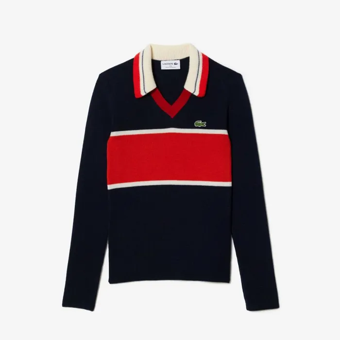 Sweaters and Sweatshirts Women Lacoste Women039s Made In France Contrast Polo Neck Sweater Navy Blue Orange White Npi